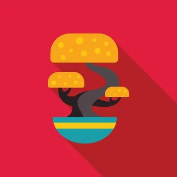 Bonsai tree growing in a pot with long shadow on red background Illustrazione stock