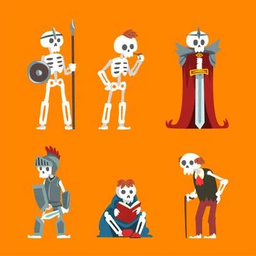 Bony Skeleton Character in Different Pose and Action Vector Set Stock Illustration
