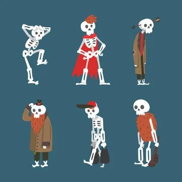 Bony Skeleton Character in Different Pose and Action Vector Set Stock Illustration