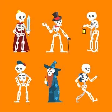 Bony Skeleton Character in Different Pose and Action Vector Set Stock Illustration