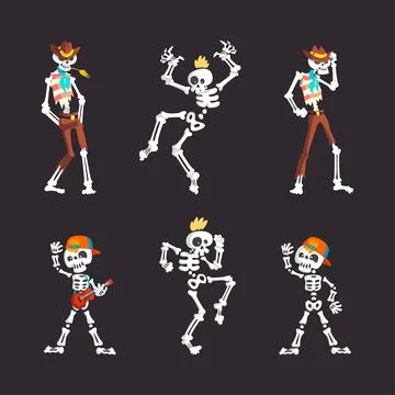 Bony Skeleton Character in Different Pose and Action Vector Set Stock Illustration