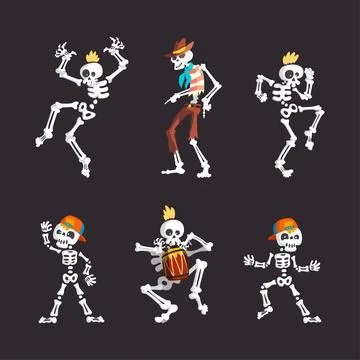 Bony Skeleton Character in Different Pose and Action Vector Set Stock Illustration