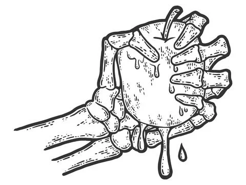 Bony skeleton hand squeezing an apple. Sketch scratch board imitation. Stock Illustration
