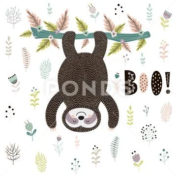 Boo! Cute print with a sloth hanging from the tree Stock Illustration