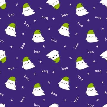Boo ghost on seamless pattern. Squishmallow. Cute ghost. Kawaii, Vector Stock Illustration