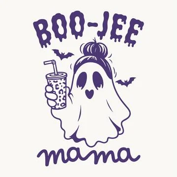 Boo-Jee Mama Ghost Drinking Drink with Bats Cute Halloween Illustration for.. Stock Illustration