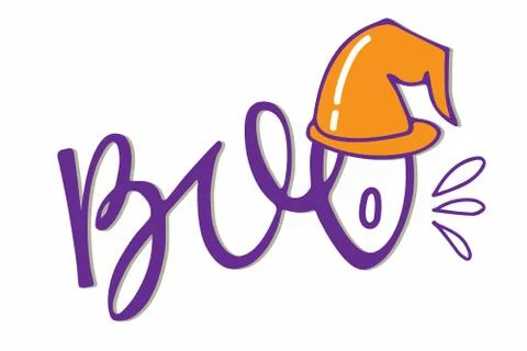 BOO lettering on withe background. Purple letters with witch hat. Isolated quote Stock Illustration