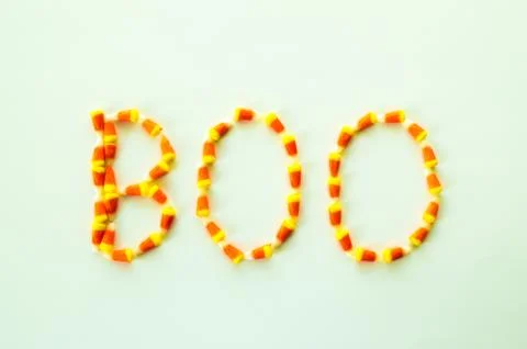 BOO spelled out in candy corn Stock Photos