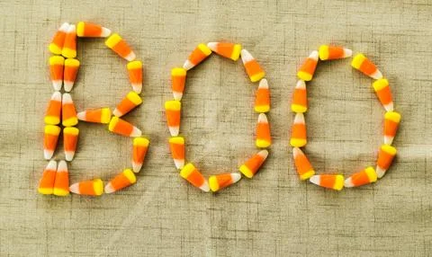 BOO spelled out in candy corn Stock Photos