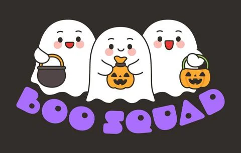 Boo Squad Halloween Ghosts with Trick or Treat Buckets Vector Stock Illustration