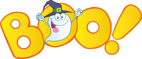 Boo Text With Scaring Halloween Ghost With A Witch Hat Stock Illustration