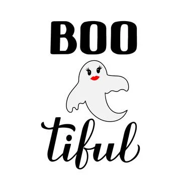 Boo-tiful lettering with cute ghost. Funny Halloween quote. Vector template f Stock Illustration