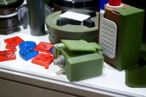 Booby trap models printed 3D printer. Prototype of ammunition explosive devices Stock Photos
