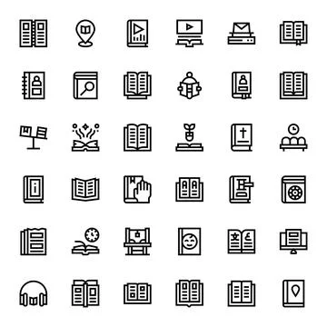 Book 64x64 Vector Icon Pack with 36 Bold Line Grid Fitted Elements Stock Illustration