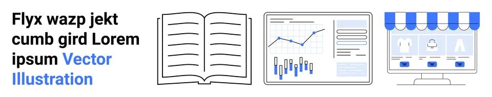 Book, analytics graph, and eCommerce storefront symbolize e-learning, data an Stock Illustration