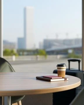Book and coffee cup on round wooden table aside luggage across glass wall o.. Ilustración de archivo