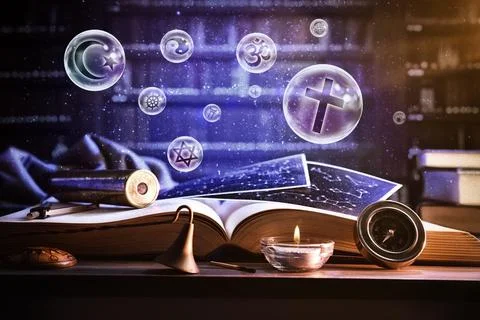 Book and objects in library with bubbles with religious symbols Stock Photos