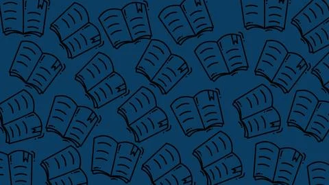 Book and school themed fun hand drawn doodles seamless pattern, playful rep.. Illustrazione stock