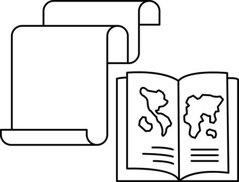 A book and a scroll of paper with a map on it 스톡 일러스트