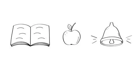 Book, apple and bell notification cartoon doodle icons. Back to School concep Stock Illustration