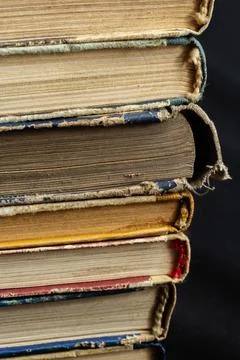 Book background. Stack of books in the library. Old yellow pages of paper boo Foto stock