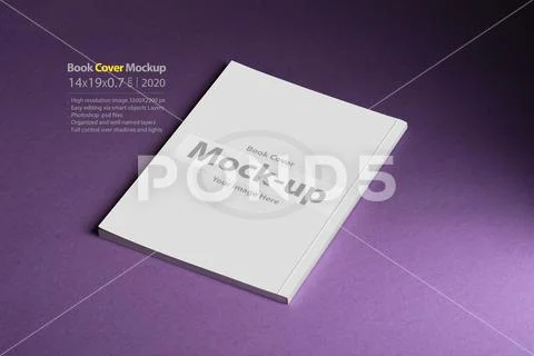Book with blank cover on purple backdrop mock-up series Modello PSD