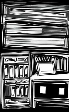 Book, bookcase, reading, storing, black and white, b&amp;w, writer, reader, office Stock Illustration