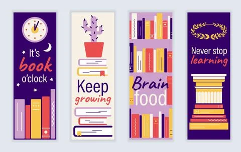 Book bookmark set with quotes. Printable vector reading template. Education.. Stock Illustration