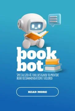 Book bot 3D vector banner design, books and AI assistance robot chat bot reading Ilustração Stock