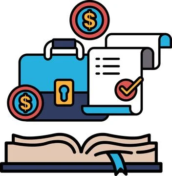 A book with a briefcase and a stack of money on top of it Stock Illustration