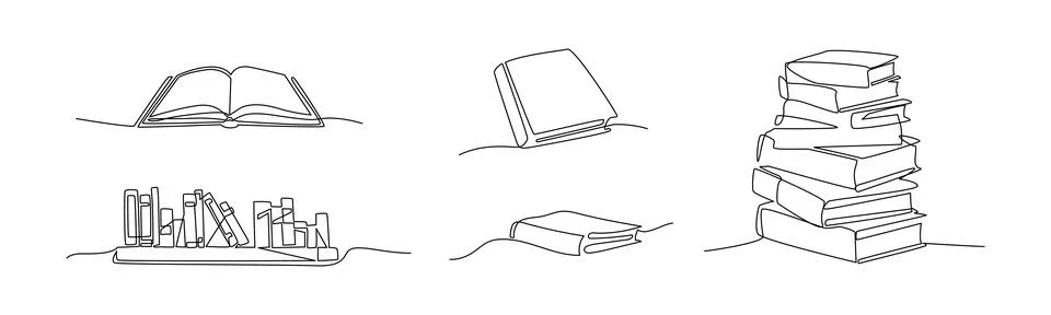 Book bundle one line. School textbooks sketch. Outline black and white simple Illustrazione stock