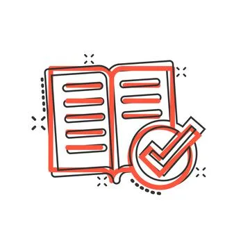 Book check mark icon in comic style. Bookmark approval cartoon vector illustr Stock Illustration