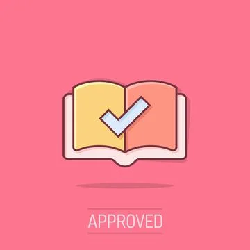 Book check mark icon in comic style. Bookmark approval cartoon vector illus.. Stock Illustration