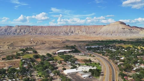 Book Cliffs Mesa Clifton Grand Junction aerial drone afternoon cloudy Grand Stockbeeldmateriaal 343734043
