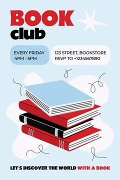Book club poster template with stack of colorful books and abstract shapes Stock Illustration