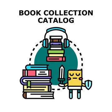 Book collection catalog concept with information and adventure Stock Illustration