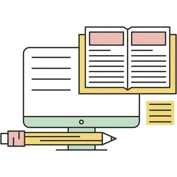 Book, computer and pencil vector education icon Stock Illustration