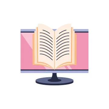 Book on the computer screen, online education Illustrazione stock