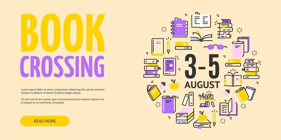 Book Crossing with Read More Button Horizontal Placard Poster Banner Card Stock Illustration