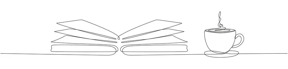 Book with cup of coffee continuous one line art drawing. Stock Illustration
