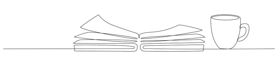 Book with cup of coffee continuous one line art drawing. Stock Illustration