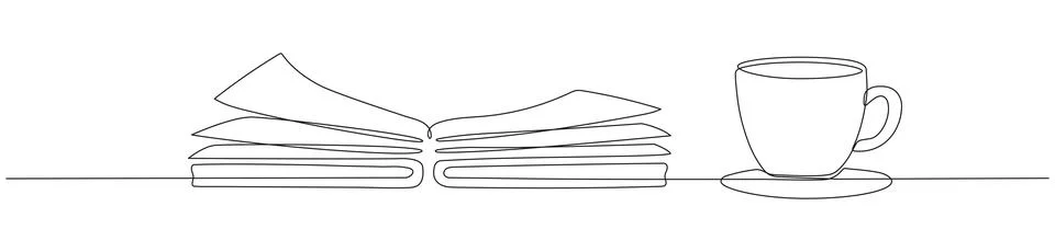 Book with cup of coffee continuous one line art drawing. Stock Illustration