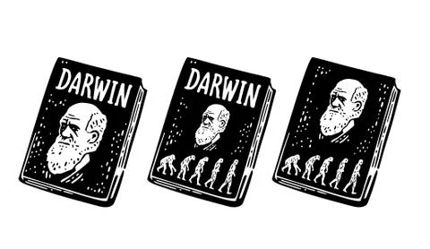 Book Darwin the theory of evolution of human. From monkey to man. Vintage eng Stock Illustration
