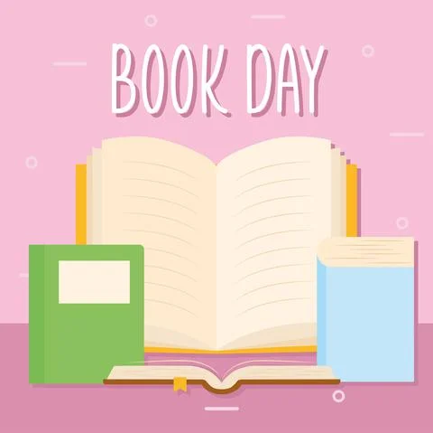 Book day lettering and bundle of books icons on a pink background Stock Illustration