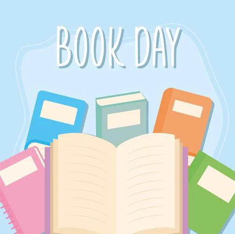 Book day lettering and bundle of books icons on a blue background Stock Illustration