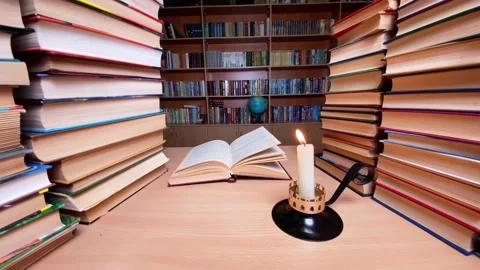 Book on desk in library at candle burning Stock Footage 219674094