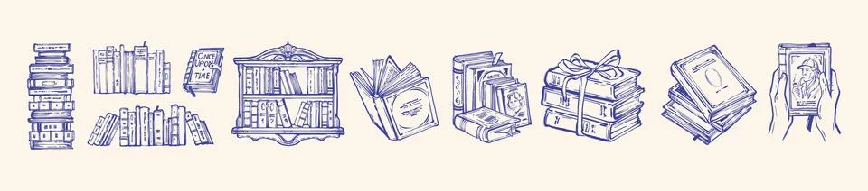 Book doodle set, hand drawn library illustration, whimsical vintage shelf Stock Illustration