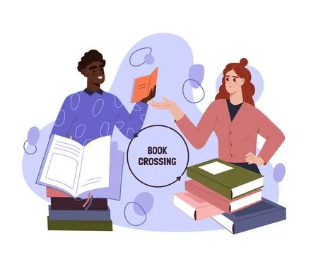 Book exchange between two people. Vector illustration Illustrazione stock