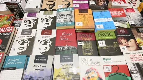 Book Fair. Book exhibition. Selection of books on display Stock Footage 238487752