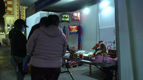 Book fair at Parque de la Amistad in Surco at night with people buying toys and Video stock 160377418
